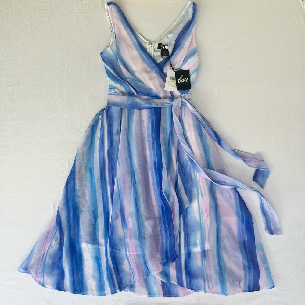 DKNY Women Faux Wrap Cocktail Party Pastel Striped Dress Romantic Fairy 4 NEW